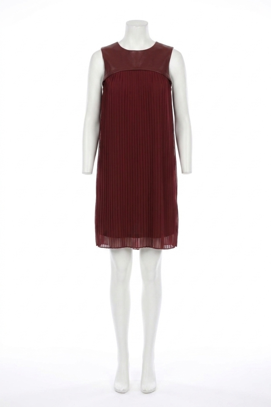 NEW JOSEPH RIBKOFF pleated faux leather trapeze mini dress in merlot